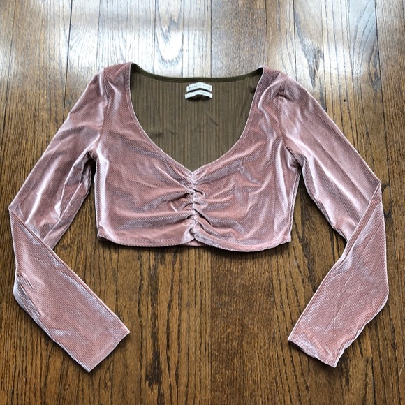 Urban Outfitters Tops - Vintage Velvet Ribbed Ruched Mauve Pale Pink Stretch Boho Bohemian Crop Top